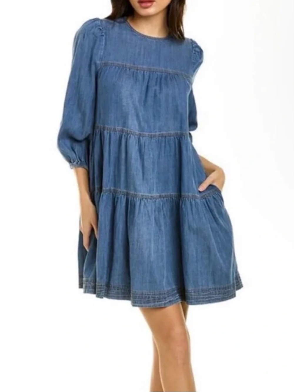 Stellah Chambray Denim Tiered Babydoll Mini Dress Blue Small